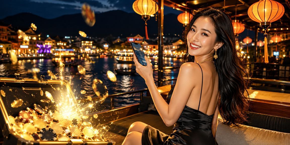 Người dùng xem kết quả xổ số trên điện thoại tại chợ đêm Hội An